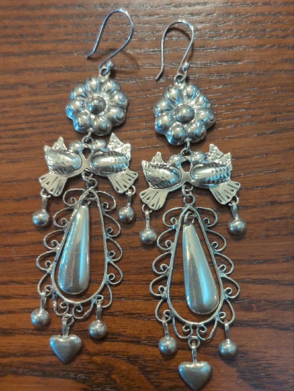 New Mexican .925 Silver Dangle Love Bird & Teardrop Earrings